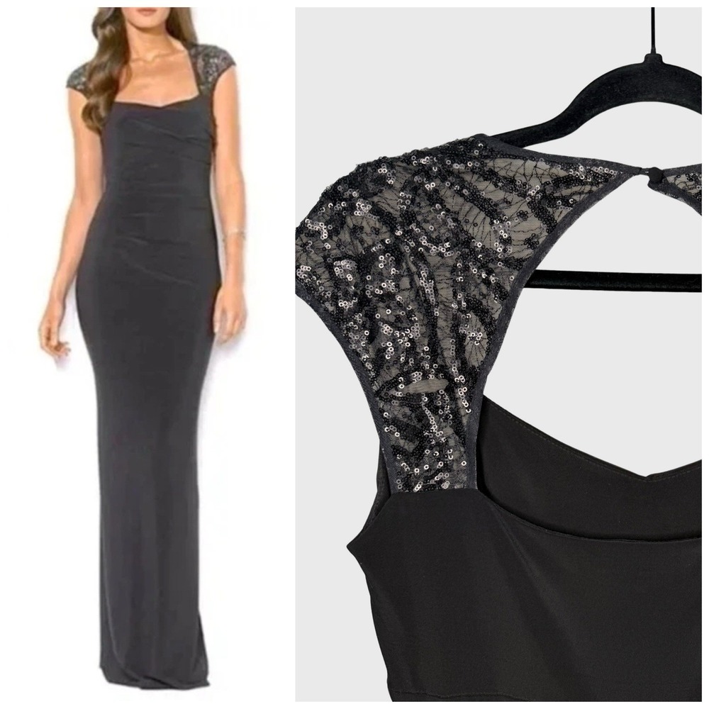 LRL Ralph Lauren Evening 8 Black Sequin Lace Cap Sleeve Ruched Gown Maxi Dress